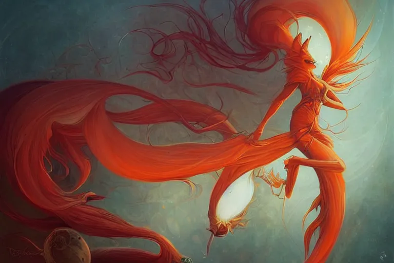 Image similar to prompt A beautiful red orange kumiho, nine fox tails, Peter Mohrbacher