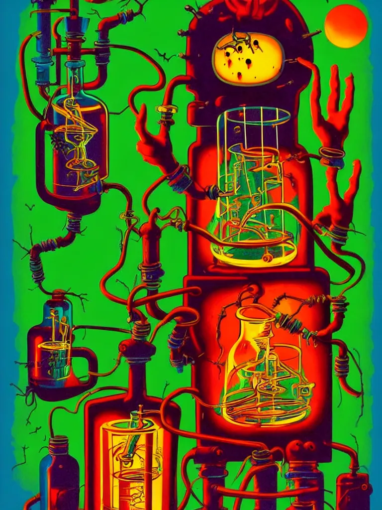 Prompt: Vibrant Colorful Vintage Horror Illustration of a Mad Scientist Experiment Poisonous Laboratory. Lowbrow Pop Surrealism. Spooky lighting