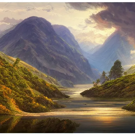 Image similar to a beautiful painting of a scene about a panorama of rivers and mountains, by victo nagi and yuumei and james jean, trending on artstation., ultrawide viewn and highly detailed matte painting - h 6 4 0 - w 1 2 8 0