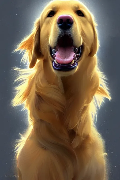 Prompt: clear portrait of a golden retriever, cottagecore!!, background hyper detailed, character concept, full body, dynamic pose, glowing lights!! intricate, elegant, highly detailed, digital painting, artstation, concept art, smooth, sharp focus, illustration, art by artgerm and greg rutkowski and alphonse mucha