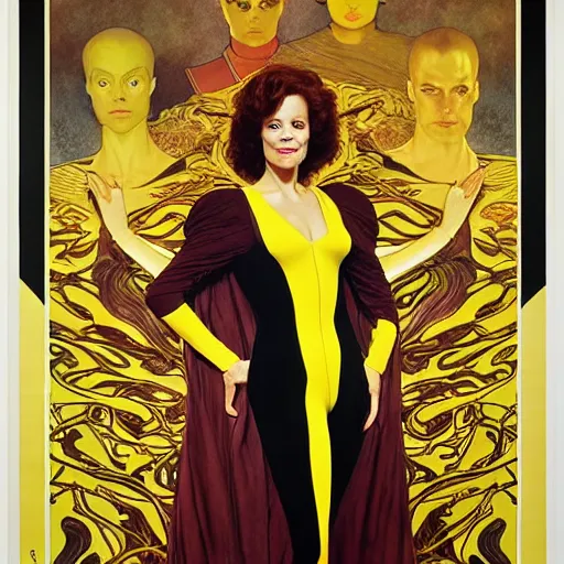 Image similar to portrait by joshua middleton of the actress, sigourney weaver as ming the merciless, archenemy of flash gordon, saviour of the universe, klimt, mucha, 1 9 7 0 s poster,