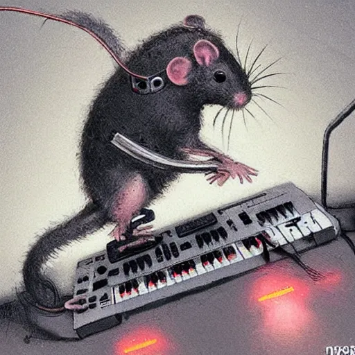 Image similar to a rat cyborg playing with a tb-303 synthesizer, by ruan jia