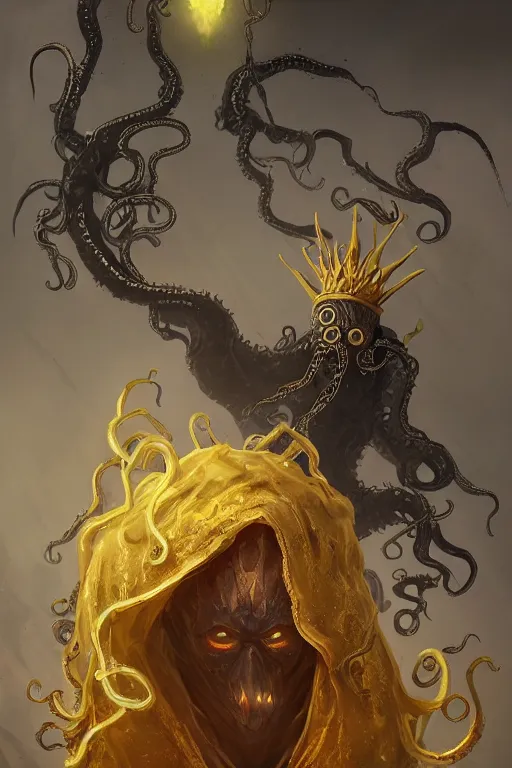 Image similar to A full body portrait of a mysterious character with no face with a very long hooded yellow cloak, a golden crown floating above his head, tentacles coming out the ground art by Shaddy Safadi and Jason Chan, ominous, cosmic horror, trending on artstation, Ultra detailed, hyper realistic 4k