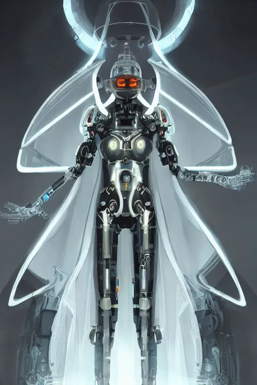 Image similar to beautiful cyborg priestess, scifi, perfect face, futuristic, elegant cape, aura of light, glow, concept art, sharp focus, inside a space ship, trending on artstation, hwang se - on, intricate, advanced technology, art by roman makarenko and simon almeida and marcos melco