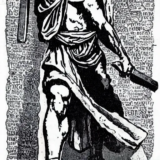 Image similar to ancient historically accurate depiction of the Bible Character Jesus, the Philistine warrior giant by frank miller