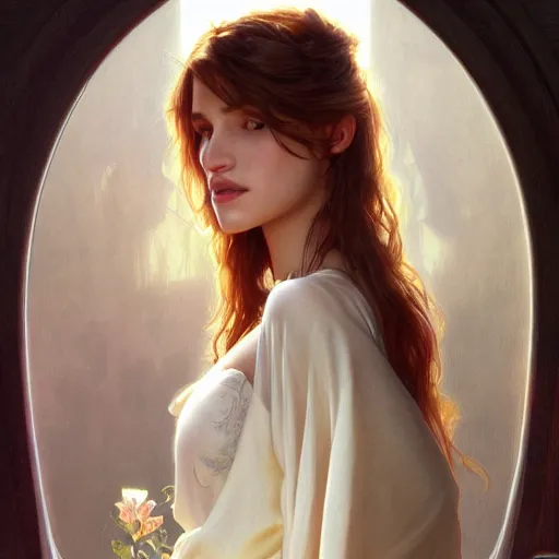 Image similar to ultra realistic illustration, bella thorne, nightgown, intricate, elegant, highly detailed, digital painting, artstation, concept art, smooth, sharp focus, illustration, art by artgerm and greg rutkowski and alphonse mucha