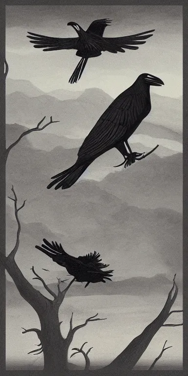 Prompt: the ascent of the crows, album cover, fever!!!, album art, serene, muted tones, hd