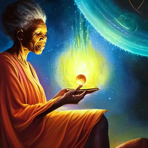 Prompt: an elder african psychic woman reading her crystal ball while holding a book of spells under a meteor shower, greg rutkowski and android jones and amanda sage, oil on canvas, vivid colors 8k