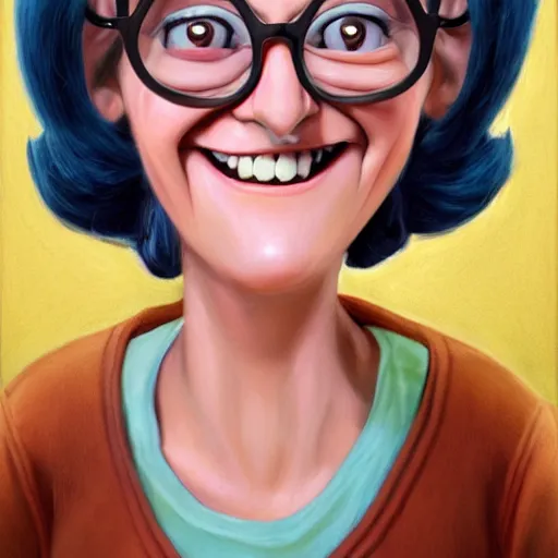 Image similar to beautiful hyperrealistic detailed matte portrait painting of happy linda belcher from bobs burger, by andreas rocha and john howe, and martin johnson