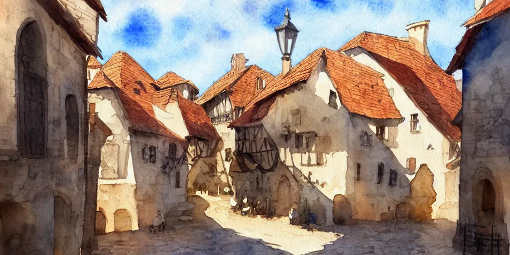 Prompt: medieval town, summer morning light, watercolor painting, trending on artstation, hq, deviantart, art by artgem