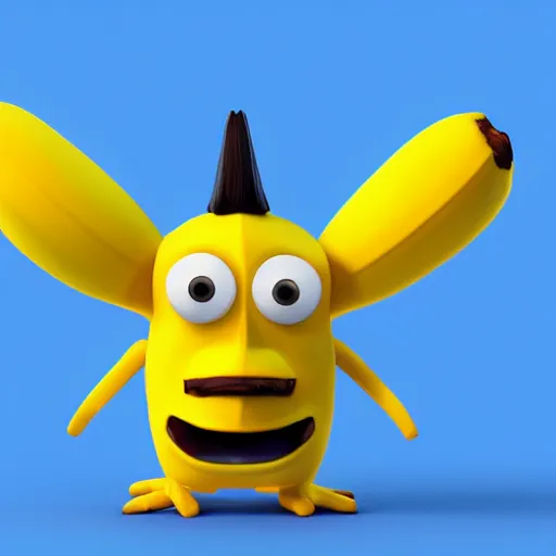 Prompt: cute lowpoly banana character on dark background, 3d render by Pixar, 4k