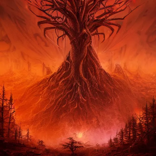 Image similar to tree of pain in a forest of fire, immense structure, hyperrealist, breathtaking, award - winning, groundbreaking, cinematic, dramatic, concept art, fan art, dark fantasy, lovecraft horror, intricate, digital art, zoomorphic, alien, 8 k, trending on artstation