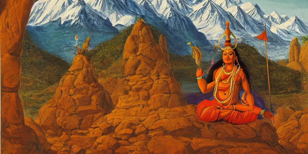 Image similar to Shiva on his Vimana with the Himalaya from the Shiva Rahasya 1827 in the style of David Hockney, detailed oil painting