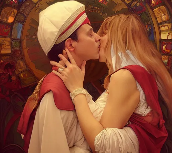 Image similar to photography of a pope kissing the breast of a sensual woman, deep focus, intricate, elegant, highly detailed, digital painting, artstation, concept art, matte, sharp focus, illustration, art by artgerm and greg rutkowski and alphonse mucha