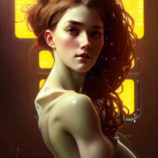 Image similar to portrait of beautiful girl with robot body by artgerm and greg rutkowski and alphonse mucha, close up, portrait, cinematic, elegant, artstation, intricate, highly detailed, digital painting, artstation, concept art, sharp focus, illustration, cyberpunk, cgsociety, 8 k