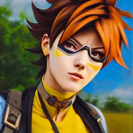 Image similar to oil painting of tracer overwatch in a field, in style of artgerm, expressive face, very detailed face, wearing large steel choker, very detailed eyes, full body, feminine face, detailed makeup on eyes,