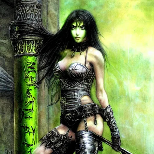 Prompt: female warrior, black hair, gorgeous bright green eyes, cinematic, by luis royo