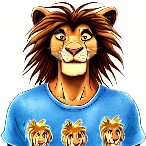 Image similar to a full-height portrait from afar of Simba form the Lion King look like an ordinary human boy with beautiful hair and the head of the lion, wearing a white T-shirt and blue jeans, humanisation, digital art style