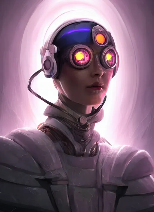 Image similar to of a hyper realistic digital art portrait of a cyberpunk war cleric in a futuristic pearl armor, tech helmet, dark gloomy environment. trending on artstation, art by lois van baarle by sung choi by john kirby artgerm style pascal blanche