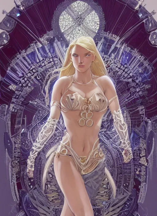 Image similar to symmetry!! intense fanart of back pose of emma frost as acotar protagonist, traditional queen dress, intricate, hyper detailed background, elegant, highly detailed, my rendition, digital painting, artstation, concept art, smooth, sharp focus, illustration, art by artgerm, greg rutkowski and alphonse mucha, by hajime sorayama and boris vallejo