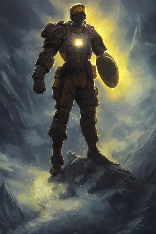 Image similar to a distant shot of a super soldier with blue and yellow flag and standing alone on a huge pile of human skulls as a winner, masculine figure, D&D, fantasy, bright hopeful atmosphere, volumetric lights, beam of bright light through the clouds, intricate, elegant, highly detailed, extremely detailed, digital painting, artstation, concept art, matte, smooth, sharp focus, hyper realistic, illustration, art by Artgerm and Greg Rutkowski and Alphonse Mucha