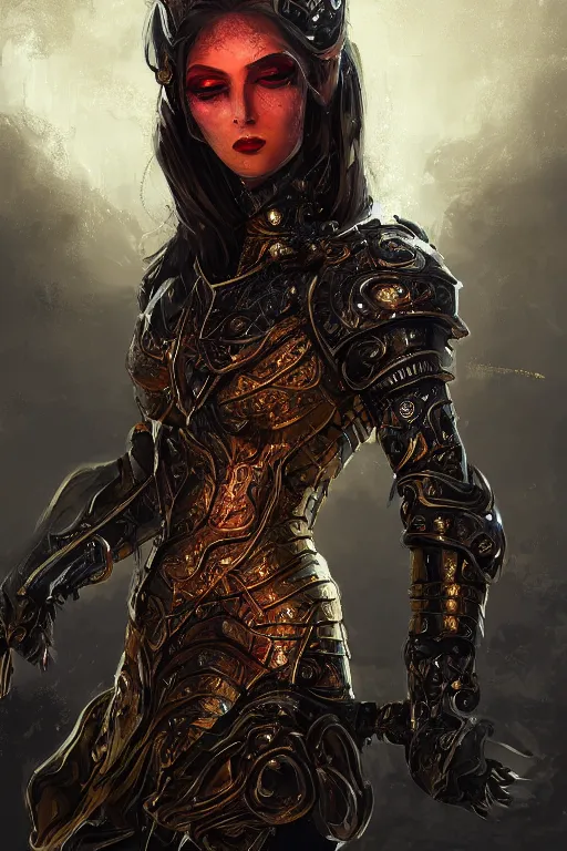 Image similar to portrait knights of Zodiac girl+smoky eyes, metalic black and red mirror reflected armor, in ruined Agora of Athens, black magic night, ssci-fi, fantasy, intricate, very very beautiful, elegant, golden light, highly detailed, digital painting, artstation, concept art, smooth, sharp focus, illustration, art by tian zi and WLOP and alphonse mucha