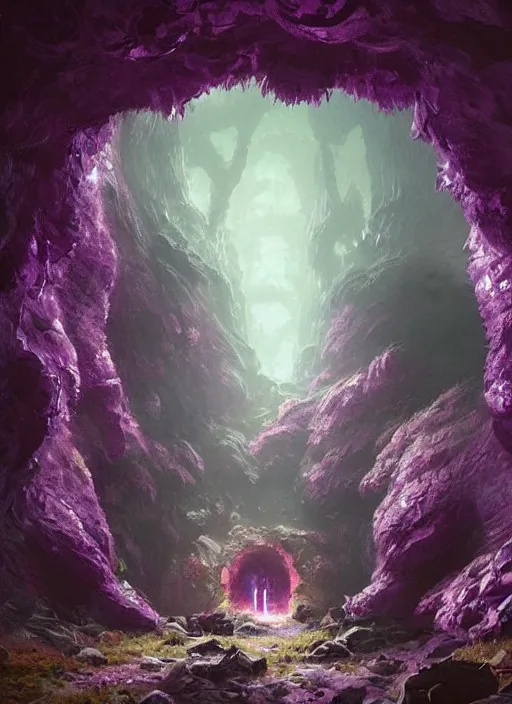 Image similar to beautiful hyper realistic zergling tunnel in cave of purple crystals, beautiful painting by greg rutkowski