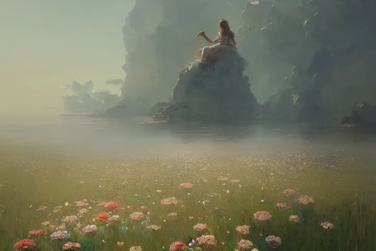 Prompt: a beautiful painting of the sea of flower, boy, girl, by greg rutkowski, trending on artstation