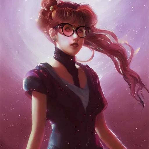 Prompt: sailor moon as a folk rock singer, black round glasses, cinematic, stunning, highly detailed, digital painting, artstation, soft focus, ominous lighting, evil colors, full body shot, illustration, art by artgerm and greg rutkowski