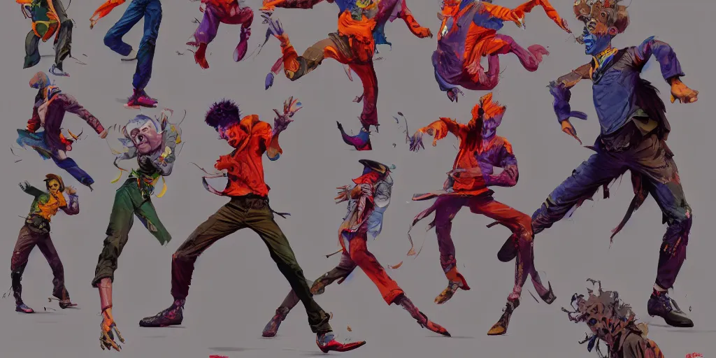 Prompt: cartoonish david bowie dancing, vivid colors, character sheet, fine details, concept design, contrast, kim jung gi, greg rutkowski, trending on artstation, 8 k, full body, turnaround, front view, back view, ultra wide angle