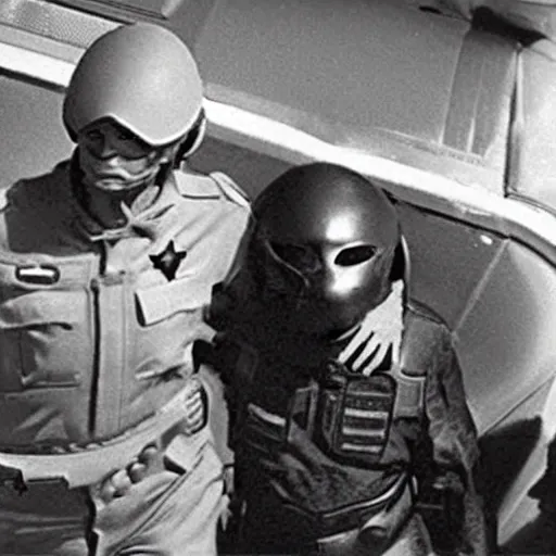 Prompt: extraterrestrial zeta reticulan grey alien, being arrested by spetsnaz