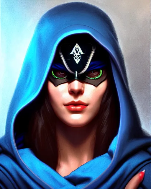 Image similar to ana from overwatch, blue hooded cloak, eye patch, character portrait, portrait, close up, highly detailed, intricate detail, amazing detail, sharp focus, vintage fantasy art, vintage sci - fi art, radiant light, caustics, by boris vallejo