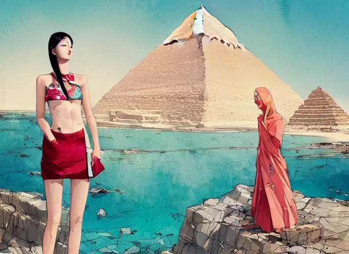 Image similar to lee jin - eun in luxurious dress emerging from turquoise water in egyptian pyramid city during an eclipse by conrad roset, m. k. kaluta, martine johanna, rule of thirds, elegant look, beautiful, chic, face anatomy, cute complexion