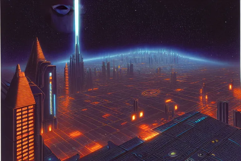 Prompt: a scifi illustration, Night City on Coruscant by david a hardy