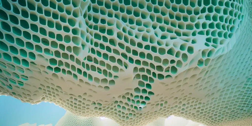 Image similar to biomorphic honeycomb building structure by ernesto neto, light - mint with light - pink color, 4 k, insanely quality, highly detailed, film still from the movie directed by denis villeneuve with art direction by zdzisław beksinski, telephoto lens, shallow depth of field