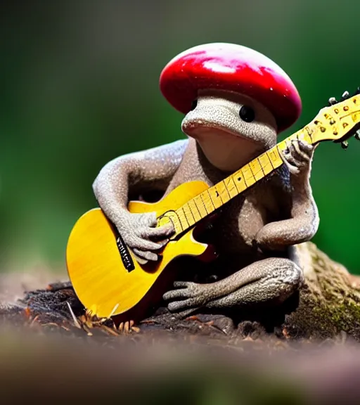 Image similar to a toad playing guitar on a mushroom