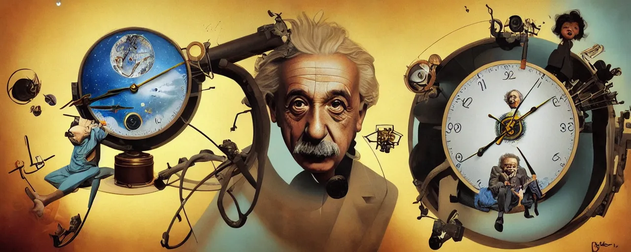 Image similar to duotone surrealist illustration 3 / 4 portrait of albert einstein measuring time on salvadore dali clock in outer space. golden ratio accidental renaissance. by sachin teng and sergey kolesov and ruan jia and heng z. graffiti art, scifi, fantasy, hyper detailed. octane render. concept art. trending on artstation