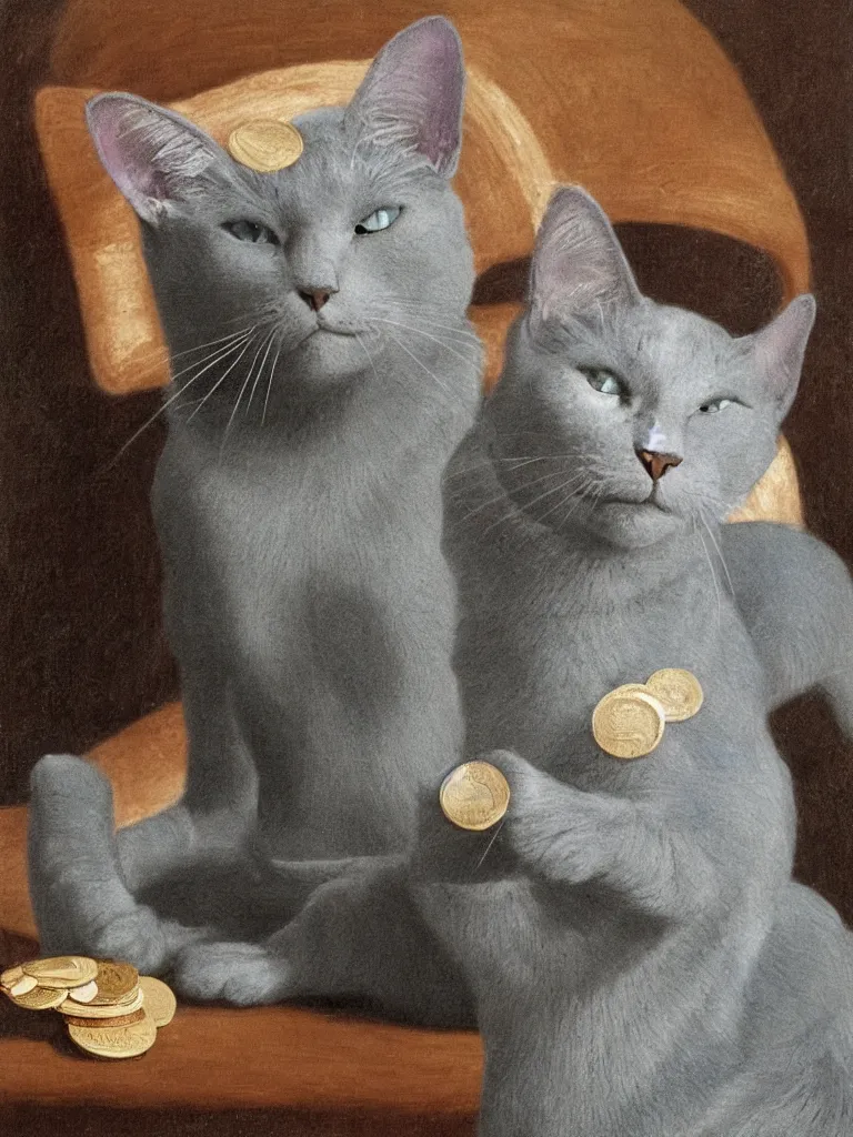 Image similar to A Russian blue cat wears a yarmulke and collects coins and cotton buds in the style of a renaissance painting