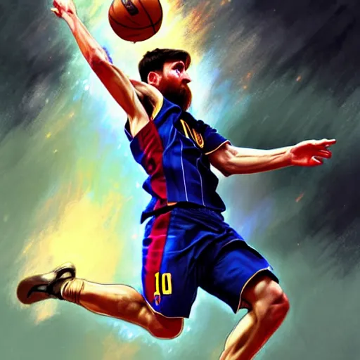 Image similar to Messi dunking a basketball, NBA, D&D style, fantasy, intricate, elegant, highly detailed, digital painting, artstation, concept art, matte, sharp focus, illustration, art by Artgerm and Greg Rutkowski and Alphonse Mucha