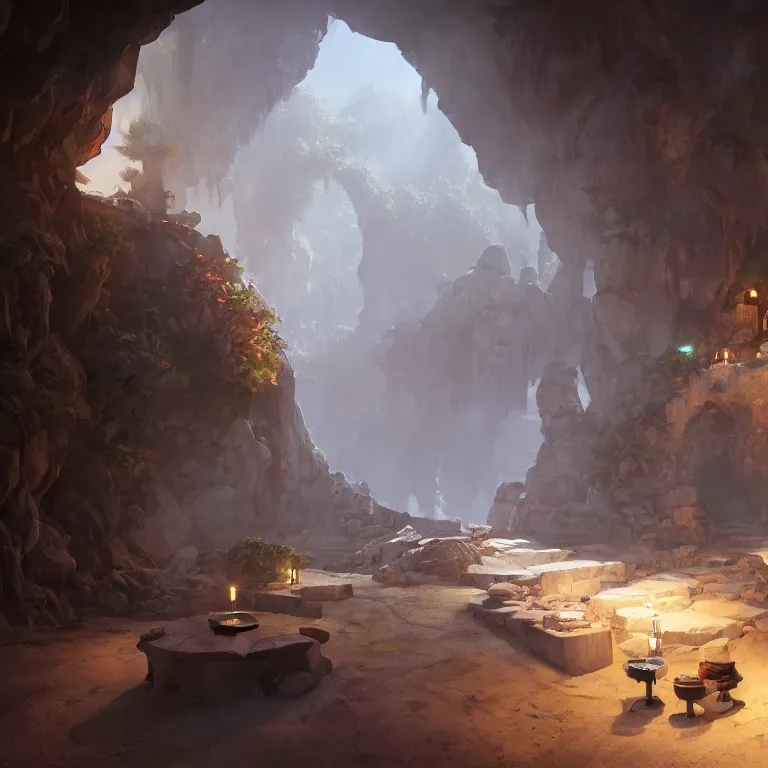 Prompt: secret overwatch habitation quarters carved inside a cave, sheltered, magical, natural light, planters, central tree, candle light, cinematic lighting, clean lines, cozy, fantasy, minimalist architecture, sharp focus, concept art, by greg rutkowski and craig mullins,, octane render 8 k