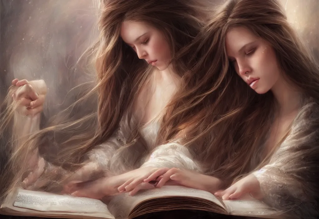 Image similar to a girl reading a book, hair flowing down, 8 k, hyperrealistic, hyperdetailed, fantasy portrait by laura sava