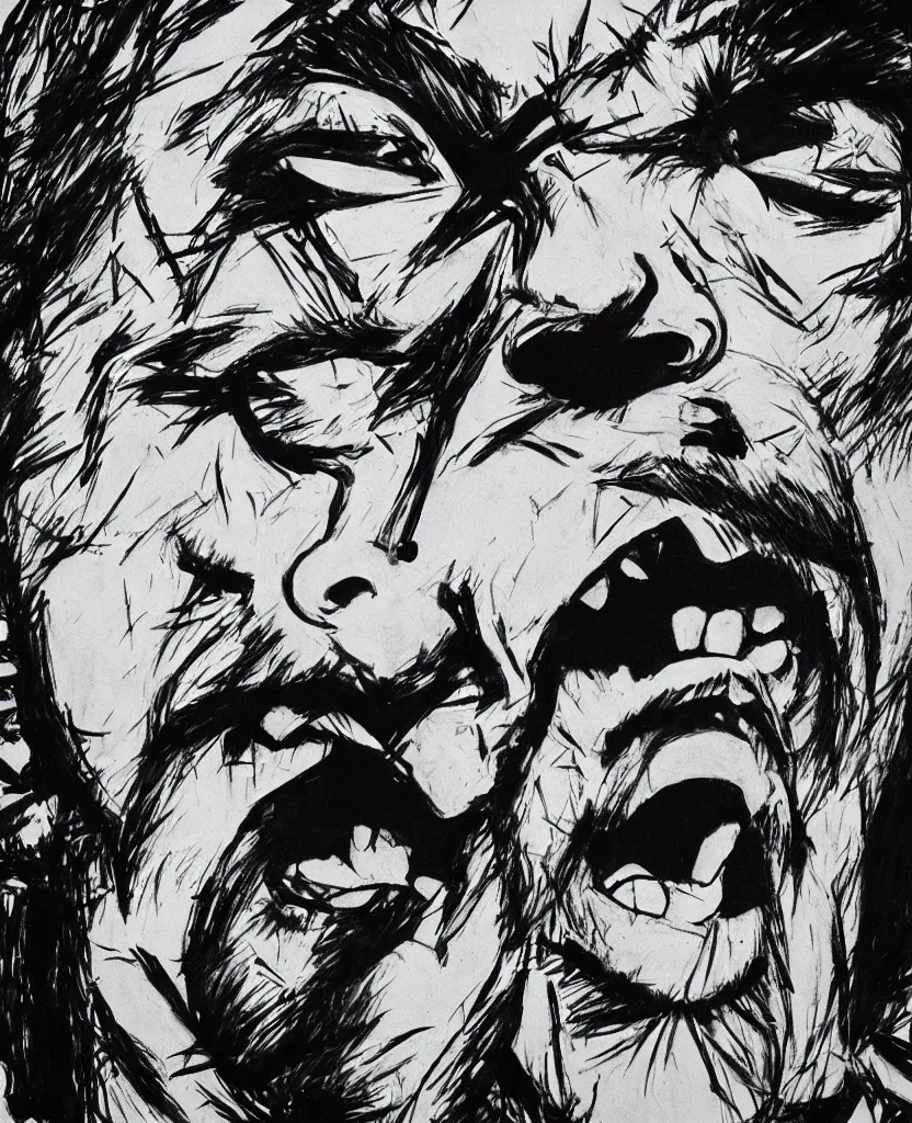 Image similar to a portrait of bruce lee screaming by mcbess, drawn with black and yellow permanent marker