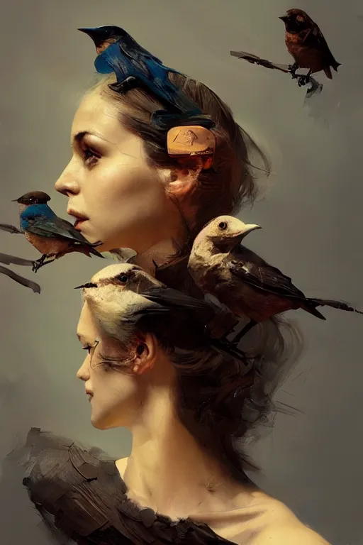 Prompt: birds, flock of brown black blue birds, oil painting, sunlit, paint texture, digital painting, highly detailed, artstation, sharp focus, illustration, concept art, ruan jia, charlie bowater, tom bagshaw, norman rockwell