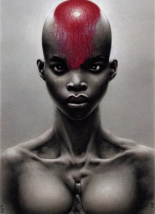 Prompt: bald barbarian black girl by Beksinski