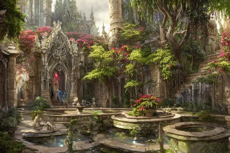 Prompt: extreme low angle shot of an open courtyard in a beautiful elven city made of ivory and silver, intricate, vivid colors, lush trees, flowers, ponds, fountain, subsurface scattering, volumetric lighting, concept art, fantasy digital painting by James Gurney, by Greg Rutkowski, trending on Artstation, highly detailed, 8k