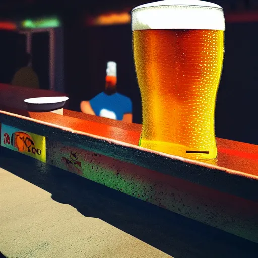Image similar to A pint of beer sitting on a bar as painted by Beeple