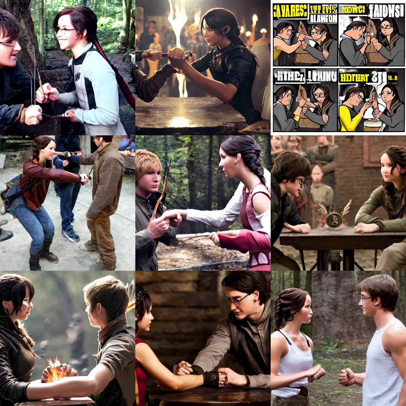 Prompt: Katniss Everdeen arm wrestling Harry Potter