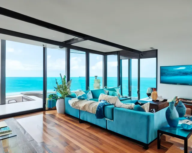Prompt: A modern living room in a ocean hues style, ocean view, luxurious table, calm, relaxed style, harmony, wide angle shot, 8k resolution