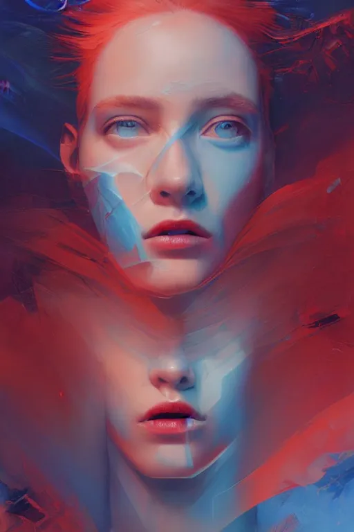 Image similar to 3 d, sci - fi, morning, sleepy fashion model face, sun, cinematic, lightning clouds, vogue cover style, light red and deep blue mood, realistic painting, intricate oil painting, high detail, figurative art, multiple exposure, poster art, 3 d, stanley kubrick, by tooth wu and wlop and beeple and greg rutkowski