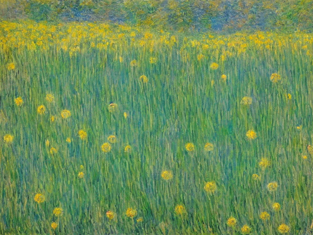 Prompt: a field of dandelions blowing in the wind, in the style of monet